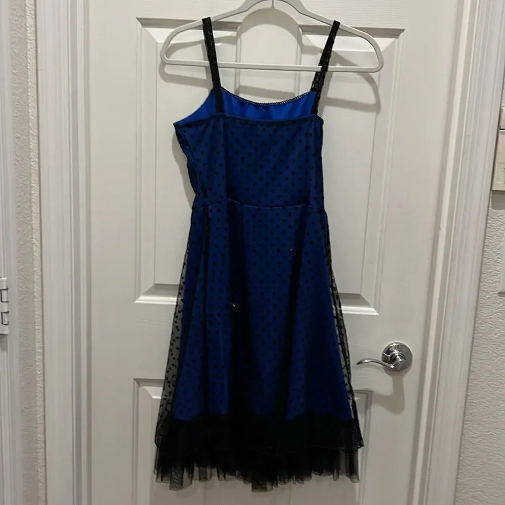 Justice Size 14 Blue with black polka dots girls Party Dress sheer lined Nettin